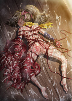1girl aftersex ajula_wachula ass barefoot brown_eyes commission cum cum_on_body cum_on_hair cumdrip drugged fucked_silly fujibayashi_suzu highres lying on_stomach ponytail pussy rolling_eyes rope rope_marks scarf shibari skeb_commission solo syringe tales_of_(series) tales_of_phantasia tongue tongue_out torn_clothes yellow_scarf