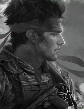 aged_down american_flag bandana gun handgun highres jordan_lamarre-wan male_focus metal_gear_(series) metal_gear_online military_uniform monochrome solid_snake solo weapon