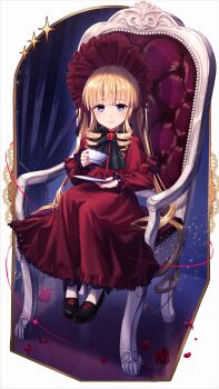 1girl absurdres black_bow black_bowtie black_shoes blonde_hair blue_eyes blunt_bangs blush bonnet bow bowtie chair closed_mouth commentary_request cup curtains dress drill_hair dual_wielding eyelashes flower frilled_dress frilled_sleeves frills full_body highres holding holding_cup holding_plate indoors light_particles lolita_fashion long_dress long_hair long_sleeves looking_at_viewer marutenmaruten on_chair petals plate red_bonnet red_dress red_flower red_rose rose rose_petals rozen_maiden shinku shoes sidelocks sitting smile solo sparkle teacup tile_floor tiles twintails very_long_hair