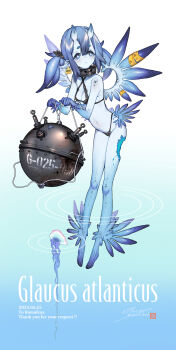 1girl bikini black_bikini blue_eyes blue_hair blue_skin breasts caution_tape colored_skin commission ear_tag english_text explosive full_body glaucid highres mine_(weapon) naval_mine navel original pointy_ears portuguese_man_o&#039;_war sea_slug_girl skeb_commission small_breasts solo swimsuit tentacle_hair tentacles zenmaibook