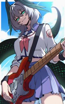 1girl absurdres angel_beats! aqua_eyes aqua_nails arknights blue_sailor_collar blue_skirt cosplay cowboy_shot cropped_shirt dryegen electric_guitar feathered_wings fender_stratocaster grey_hair guitar hair_between_eyes head_wings highres ho&#039;olheyak_(arknights) holding holding_guitar holding_instrument instrument iwasawa_masami iwasawa_masami_(cosplay) long_tail looking_at_viewer medium_hair neckerchief parted_lips red_neckerchief sailor_collar school_uniform serafuku shinda_sekai_sensen_uniform shirt skirt slit_pupils smile snake_tail solo tail white_shirt wings