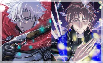2boys anniversary black_eyes black_gloves brown_eyes brown_hair cape cassock commentary_request emiya_kiritsugu emiya_kiritsugu_(assassin) fate/grand_order fate_(series) gloves grigori_rasputin_(fate) gun highres holding holding_gun holding_weapon kotomine_kirei light_frown majimaaa male_focus multiple_boys one_eye_closed priest red_cape serious signature smile trigger_discipline weapon white_hair