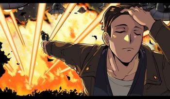 1boy 913832982w adjusting_hair alien closed_eyes commentary_request explosion gun hair_slicked_back hand_in_own_hair hand_on_own_head harry_mason highres holding holding_gun holding_weapon male_focus meme naoya_hitting_choso_without_looking_(meme) parody scene_reference silent_hill_(series) smear_frame solo weapon