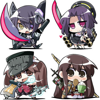 10s 4girls aircraft airplane akagi_(kancolle) akaneya archery arrow_(projectile) bow_(weapon) brown_eyes brown_hair bucket character_doll chibi doll eyepatch glaive_(polearm) halo heart kantai_collection kyuudou long_hair mecha_musume mechanical_halo multiple_girls muneate polearm purple_eyes purple_hair quiver rice ryuujou_(kancolle) sandals school_uniform scroll shamoji short_hair sitting skirt smile sword tatsuta_(kancolle) tenryuu_(kancolle) twintails visor_cap wariza weapon white_background yellow_eyes