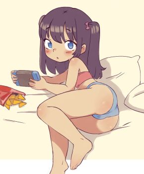 1girl ass bare_legs bare_shoulders barefoot bed_sheet blue_eyes blue_panties blush bow cameltoe chips_(food) closed_mouth controller feet female_focus food foot_out_of_frame game_controller hair_bow highres holding holding_controller holding_game_controller loli looking_at_viewer lying on_side original panties pillow pink_bow pink_shirt qtkat shirt side_ponytail sidelocks soles solo strapless strapless_shirt thighs toes tube_top underwear