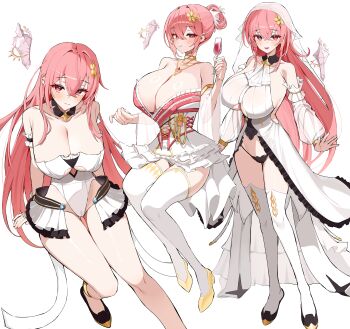 1girl absurdres arm_support bare_shoulders black_panties blush breasts cameltoe champagne_flute chozgum cleavage closed_mouth clothing_cutout collarbone commentary commission criss-cross_strings crossed_bangs cup dated_commentary detached_sleeves dress drinking_glass english_commentary floating floating_object groin hair_between_eyes hair_ornament hand_up high_heels highleg highleg_dress highres holding holding_cup invisible_chair large_breasts legs looking_at_viewer multiple_views open_mouth original panties pink_eyes pink_hair see-through_clothes see-through_sleeves see-through_veil shoes showgirl_skirt simple_background sitting smile standing thighhighs thighs underboob underboob_cutout underwear veil white_background white_thighhighs wide_sleeves