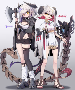 2girls absurdres armored_shoes axe black_horns black_jacket black_leotard black_shoes black_shorts black_thighhighs breasts character_name chinese_commentary cleavage colored_inner_hair commentary_request covered_navel cropped_jacket curled_horns dress full_body grey_background grey_hair highleg highleg_leotard highres holding holding_axe horns imazawa jacket jacket_on_shoulders leotard medium_breasts multicolored_hair multiple_girls nail_polish open_mouth original paid_reward_available pointy_ears purple_hair red_hair red_nails sandals shoes short_hair short_shorts shorts simple_background single_thighhigh small_breasts socks socks_over_thighhighs standing tail thighhighs toenail_polish toenails two-tone_hair white_dress white_jacket white_socks yellow_eyes