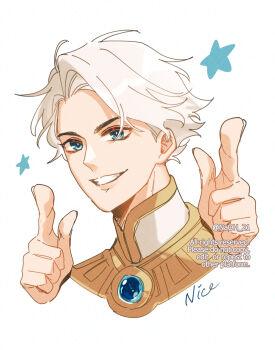 1boy :d blue_eyes brooch capelet curtained_hair grin hands_up highres jewelry male_focus naoh_21 nice_(to_be_hero_x) open_mouth pointing pointing_at_viewer portrait short_hair smile solo star_(symbol) to_be_hero to_be_hero_x white_hair
