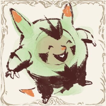 border claws closed_eyes full_body gen_6_pokemon lowres nintendo no_humans open_mouth ornate_border otiksimr pokemon pokemon_(creature) pokemon_focus quilladin red_nose simple_background smile solo tail