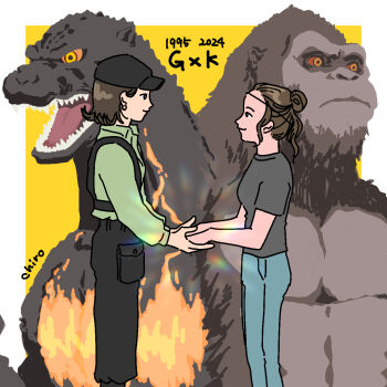 2girls ape asian black_eyes black_pants black_shirt brown_hair burning_godzilla colored_sclera crossover denim dinosaur earrings english_text glowing godzilla godzilla_(series) godzilla_vs._destoroyah godzilla_x_kong:_the_new_empire gorilla hair_bun hat headband highres holding_hands iwi japanese_(nationality) jeans jewelry jia_(monsterverse) kaiju king_kong king_kong_(series) kong_(monsterverse) legendary_pictures looking_at_another monsterverse multiple_boys multiple_girls orange_eyes orange_sclera pants red_sclera saegusa_miki_(godzilla) sharp_teeth shirt short_hair sidelocks teeth toho two-tone_background uvu_00 watermark white_background yellow_background yellow_eyes
