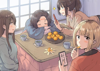 2022 4girls :d absurdres arm_rest betock black_eyes black_hair blonde_hair blunt_bangs bowl brown_hair brown_sweater cellphone commentary_request cup drawing_on_another&#039;s_face eating eyelashes food fruit grey_sweater happy_new_year highres kotatsu long_hair looking_at_viewer mandarin_orange multiple_girls new_year open_mouth orange_peel original parted_bangs phone ponytail short_hair sitting skirt sleeping smile sweatdrop sweater table translated under_table writing_on_face