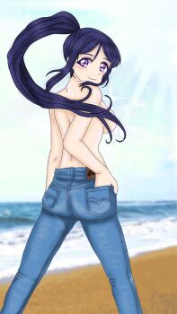 Rule 34 | 10s, 1girl, absurdres, ass, back, backboob, bare back, beach, blue hair, blue pants, blush, breasts, cloud, convenient censoring, denim, female focus, group name, convenient hair, hand in pocket, highres, hiyone, jeans, large breasts, light rays, long hair, looking at viewer, looking back, love live!, love live! sunshine!!, matsuura kanan, ocean, outdoors, pants, ponytail, purple eyes, sand, sky, smile, solo, standing, topfreedom, topless female, water