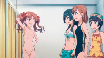 00s 4girls absurdres animated animated_gif bare_arms bikini bow brown_eyes brown_hair cleft_of_venus cowboy_shot dancing flat_chest groin hair_bow hair_ribbon highres loli long_hair looping_animation lowleg lowleg_bikini micro_bikini midriff misaka_mikoto multiple_girls navel nude nude_filter one-piece_swimsuit pussy ribbon saten_ruiko shirai_kuroko short_hair side-tie_bikini_bottom skinny split_screen swimsuit third-party_edit toaru_kagaku_no_railgun toaru_majutsu_no_index twintails uiharu_kazari