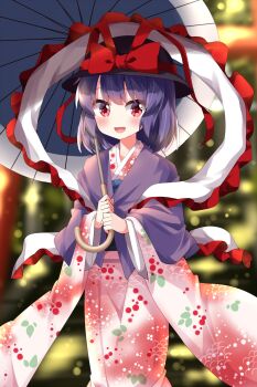 1girl :d black_hat blush bow commentary_request cowboy_shot hat hat_bow highres holding holding_umbrella japanese_clothes kimono long_sleeves looking_at_viewer nagae_iku open_mouth purple_hair purple_kimono red_bow red_eyes ruu_(tksymkw) short_hair smile solo touhou umbrella wide_sleeves