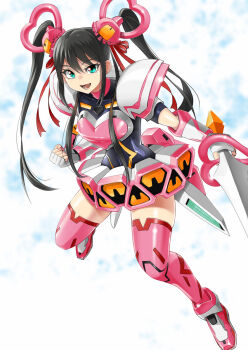 1girl :d android artist_request assault_visor black_hair blue_eyes crossover fei-yen fighting_stance full_body heart highres holding holding_sword holding_weapon joints jumping mecha_musume open_mouth school_girl_strikers simple_background sky smile solo sword twintails uraba_aoi virtual_on visor_removed weapon white_background