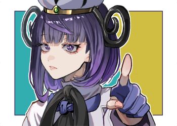 1girl blunt_bangs bob_cut coat eyelashes gloves gwynn_(pokemon) hat long_sleeves looking_at_viewer nintendo open_clothes open_coat outline parted_lips partially_fingerless_gloves pointing pointing_at_viewer pokemon pokemon_legends:_z-a purple_eyes purple_hair short_hair simple_background solo totoritori2 upper_body white_coat white_outline