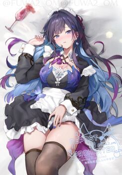 1girl alternate_costume black_dress black_hair black_panties black_thighhighs blue_hair blush bow bowtie breasts commentary_request dress enmaided hand_up highres honkai:_star_rail honkai_(series) hysilens_(honkai:_star_rail) large_breasts long_sleeves looking_at_viewer loose_bowtie lying maid multicolored_hair omelet_tomato on_back panties parted_lips purple_bow purple_bowtie purple_hair purple_nails solo thighhighs twitter_username underwear zettai_ryouiki