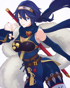 Rule 34 | 1girl, absurdres, blue eyes, blue gloves, blue hair, blue scarf, brand of the exalt, closed mouth, commentary, detached sleeves, english commentary, eyelashes, fingerless gloves, fire emblem, fire emblem awakening, fire emblem heroes, forehead protector, gloves, hair between eyes, highres, japanese clothes, kuji-in, kunai, long hair, looking at viewer, lucina (fire emblem), lucina (ninja) (fire emblem), mask, mask on shoulder, mouth mask, ninja, ninja mask, nintendo, official alternate costume, ponytail, scarf, single bare shoulder, solo, symbol in eye, truejekart, very long hair, weapon, white background