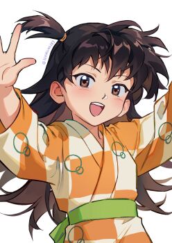 11rukawa187 1girl brown_eyes checkered_clothes checkered_kimono child commentary_request flat_chest hair_between_eyes half_updo highres inuyasha japanese_clothes kimono light_blush open_mouth orange_kimono outstretched_arms ponytail rin_(inuyasha) short_ponytail side_ponytail smile solo twitter_username upper_body white_background