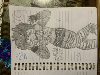 Rule 34 | 1girl, absurdres, commentary, english commentary, exif rotation, graphite (medium), highres, nomixspaghetti, non-web source, original, photo (medium), scene fashion, self-upload, solo, traditional media