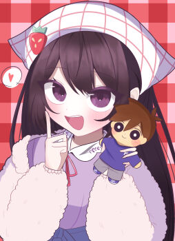 1girl :d amatomato_0141 bad_anatomy bad_hands blush character_doll collared_shirt colored_eyelashes contrast_collar doll double-parted_bangs finger_to_cheek from_above fur_jacket hair_between_eyes hands_up headscarf heart hero_(faraway)_(omori) hero_(omori) highres holding holding_doll index_finger_raised jacket long_hair long_sleeves looking_at_viewer mari_(birthday)_(omori) mari_(faraway)_(omori) mari_(omori) neck_ribbon official_alternate_costume omori open_clothes open_jacket open_mouth pink_jacket plaid_background puffy_long_sleeves puffy_sleeves purple_eyes purple_shirt red_background red_ribbon ribbon shirt simple_background smile solo spoken_heart straight_hair swept_bangs teeth tongue upper_body upper_teeth_only white_headscarf