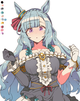 Rule 34 | animal ears, asymmetrical gloves, black dress, black gloves, blue hair, breasts, collarbone, dress, gloves, horse ears, horse girl, large breasts, long hair, looking at viewer, mejiro ardan (clinochlore line) (umamusume), mejiro ardan (umamusume), mismatched gloves, simple background, toriga naku, umamusume, white background, white gloves