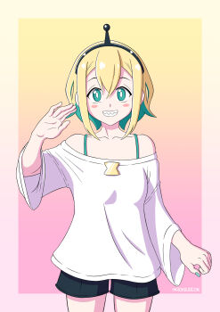 1girl :d absurdres amano_pikamee amano_pikamee_(1st_costume) aqua_eyes aqua_nails artist_name black_hairband black_shoes black_shorts blonde_hair blush_stickers bright_pupils clenched_teeth collarbone cowboy_shot gradient_background hairband hand_up highres off-shoulder_shirt off_shoulder open_mouth pink_background rokkureon sharp_teeth shirt shoes short_hair shorts smile solo standing teeth twitter_username virtual_youtuber voms white_pupils wide_sleeves yellow_background