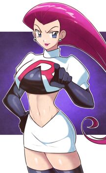 Rule 34 | 1girl, absurdres, black gloves, black thighhighs, blue eyes, collared shirt, cowboy shot, crop top, earrings, elbow gloves, gloves, hand on own hip, highres, jeff miga, jessie (pokemon), jewelry, juliet sleeves, layered clothes, lipstick, long hair, long sleeves, looking at viewer, makeup, miniskirt, navel, nintendo, pink hair, pointing, pointing at viewer, pokemon, pokemon (anime), puffy sleeves, shirt, skin tight, skindentation, skirt, solo, sphere earrings, stomach, team rocket, team rocket uniform, thighhighs, tight clothes, white shirt, zettai ryouiki