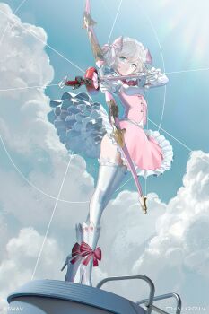 1girl :/ aiming aiming_at_viewer aqua_eyes artist_name blonde_hair blue_sky bow_(weapon) breasts cloud commentary_request copyright_notice day drawing_bow dress footwear_ribbon frilled_dress frills full_body hair_ribbon hairband high_heels highres holding holding_bow_(weapon) holding_weapon looking_at_viewer original pink_dress pink_ribbon red_ribbon ribbon shoes short_hair sky solo standing swav thighhighs weapon white_hairband white_shoes white_thighhighs
