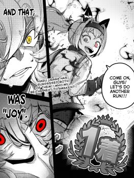 3girls agnes_tachyon_(umamusume) animal_ears commentary english_commentary english_text hairband haru_urara_(bestest_prize)_(umamusume) haru_urara_(umamusume) highres horse_ears horse_girl long_hair long_sleeves multiple_girls open_mouth ponytail red_eyes sakanaflyer scene_reference smile speech_bubble spot_color sweat t.m._opera_o_(umamusume) tagme umamusume yellow_eyes