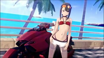 1girl 3d animated ass beach black_hair breasts brown_eyes car character_request hands_on_own_hips highres legs long_hair looking_at_viewer midriff motor_vehicle multiple_views navel ocean ponytail shorts small_breasts smile strapless sunglasses_on_head tagme thighs thong torn_clothes torn_stockings tube_top turnaround video water whale_tail_(clothing)