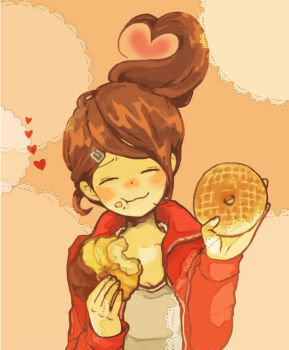 1girl asahina_aoi blush brown_hair closed_eyes closed_mouth commentary_request danganronpa:_trigger_happy_havoc danganronpa_(series) donut eating expressive_hair eyelashes food food_on_face hair_ornament hairclip heart holding holding_donut holding_food jacket long_sleeves open_clothes open_jacket oppore ponytail red_jacket shirt smile solo upper_body white_shirt