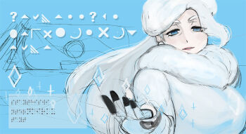 1girl blue_eyes breasts commentary_request earrings fur_collar fur_hat half-closed_eyes hat jewelry korean_commentary large_breasts long_hair long_sleeves mature_female melony_(pokemon) multicolored_hair nintendo oksusnim pearl_earrings plump pokemon pokemon_swsh sketch solo streaked_hair sweater upper_body ushanka white_hat white_sweater