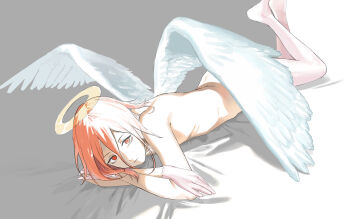 1boy angel_devil_(chainsaw_man) angel_wings chainsaw_man closed_mouth commentary_request crossdressing crossdressing_(mtf) gloves halo highres long_hair looking_at_viewer lying male_focus on_stomach p3ar294 pink_gloves pink_thighhighs solo thighhighs wings