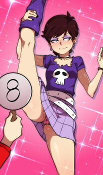 2girls annoyed antenna_hair ass_freckles belt black_choker black_nails blue_eyes blush body_freckles boots bracelet breasts brown_hair choker closed_mouth collarbone commentary earrings english_commentary eyeshadow facing_viewer foot_out_of_frame freckles gluteal_fold hair_behind_ear holding holding_sign jcm2 jewelry knee_boots kneepits long_sleeves looking_to_the_side luna_loud lynn_loud makeup miniskirt multiple_girls nail_polish nose_blush panties patterned_clothing pink_background pink_panties pixie_cut polka_dot polka_dot_panties purple_boots purple_eyeshadow purple_skirt shirt_tucked_in short_hair short_sleeves shoulder_freckles siblings sign simple_background sisters skirt skull_print small_breasts solo_focus sparkle_background split standing standing_on_one_leg standing_split studded_belt the_loud_house underwear white_belt