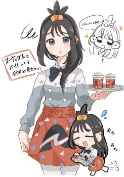 1girl apron black_bow black_bowtie black_hair blush bow bowtie highres holding holding_tray lida_(pokemon) long_hair nintendo open_mouth pokemon pokemon_legends:_z-a print_apron red_apron ryokukoucha shirt smile speech_bubble translation_request tray waitress white_shirt