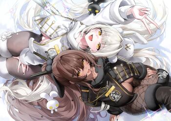 Rule 34 | 2girls, absurdres, alternate breast size (larger), black boots, black coat, black nails, black pantyhose, blanc (fortune express) (nikke), blanc (nikke), boots, breasts, brown hair, coat, commentary, dark-skinned female, dark skin, fang, fishnet pantyhose, fishnets, goddess of victory: nikke, hair intakes, highres, huge breasts, long hair, multiple girls, murabana44, noir (nikke), official alternate costume, open mouth, pantyhose, parted lips, siblings, sisters, skin fang, smile, symbol-only commentary, v, very long hair, white boots, white coat, white hair, white nails, yellow eyes