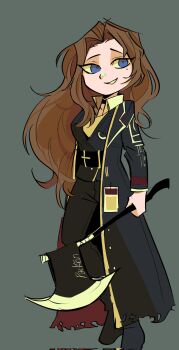 05_soleil 1girl :d axe belt black_coat blue_eyes brown_hair coat collared_shirt contrapposto curtained_hair full_body highres holding holding_axe id_card limbus_company long_sidelocks looking_at_viewer mole mole_under_eye open_clothes open_coat open_mouth popped_collar project_moon rodion_(project_moon) shirt sidelocks smile solo standing wavy_hair white_shirt