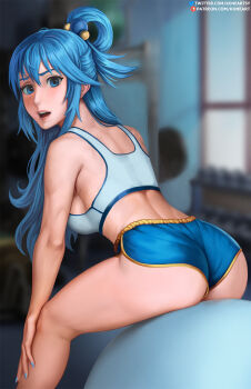 1girl aqua_(konosuba) ass ass_focus ball blue_eyes blue_hair breasts exercising exercise_ball from_behind gym gym_shorts gym_uniform highres kono_subarashii_sekai_ni_shukufuku_wo! medium_breasts pants shorts sideboob solo yoga_pants