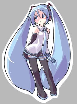 1girl 2000s_(style) bare_shoulders black_boots black_sleeves blue_eyes blue_hair blush blush_stickers boots breasts collared_shirt detached_sleeves drawpile_(medium) hair_between_eyes hatsune_miku headphones headset long_hair miniskirt necktie negiwave2000 shirt simple_background skirt sleeveless sleeveless_shirt small_breasts solo thigh_boots thighhighs twintails very_long_hair vocaloid