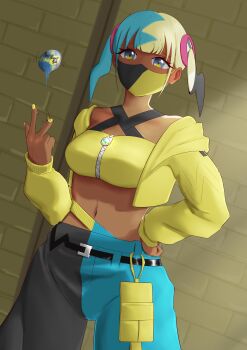 1girl absurdres belt blonde_hair blue_eyes blue_hair breasts canari_(pokemon) collarbone highres jacket large_breasts looking_at_viewer mask mega_stone michi2201 mouth_mask multicolored_hair navel nintendo poke_ball pokemon pokemon_legends:_z-a quick_ball short_twintails split-color_clothes split-color_hair twintails yellow_jacket yellow_nails