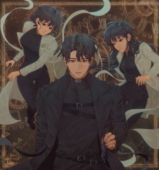 Rule 34 | 1boy, 2girls, black coat, black hair, black shirt, bob cut, coat, commentary, dual persona, expressionless, gears, han sooyoung, highres, holding, holding sheath, long hair, looking at viewer, matching outfits, multiple girls, nadardoh, omniscient reader's viewpoint, open clothes, open coat, parted lips, scabbard, sheath, shirt, short hair, symbol-only commentary, thigh gap, white coat, yoo joonghyuk