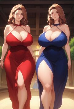 2girls absurdres blue_dress breasts brown_hair dress green_eyes highres huge_breasts mature_female mishima_yumi multiple_girls ootake_nami red_dress seductive_gaze short_hair siblings standing thighs twin_milf twins