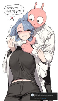 1boy 1girl absurdres asphyxiation bdsm blue_hair blush breasts choke_hold closed_eyes colored_skin doctor_(shady_research_report) drooling fish_girl ganggohan grin heart hetero highres kim_junsu korean_commentary korean_text lab_coat large_breasts midriff_peek monster_girl motion_lines navel_peek pink_skin ponytail scales shady_research_report simple_background smile speech_bubble spoken_heart strangling sweatdrop white_background