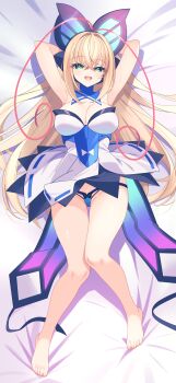 1girl :d absurdres antenna_hair armpits arms_up azure_striker_gunvolt azure_striker_gunvolt_1 bare_legs barefoot blonde_hair blue_panties breasts butterfly_hair_ornament cleavage commission commissioner_upload dakimakura_(medium) dress full_body green_eyes hair_between_eyes hair_ornament headphones highres large_breasts lololotton long_hair looking_at_viewer lumen_(gunvolt) lying multicolored_dress multicolored_hair open_mouth panties pink_hair skeb_commission smile solo underwear very_long_hair