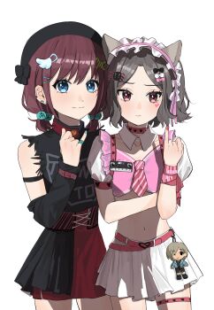 Rule 34 | 2girls, absurdres, animal ear hairband, animal ears, black shirt, blue eyes, blue nails, brown hair, character name, choker, commentary, crop top, ebizuka tomo, facial mark, fake animal ears, girls band cry, hair ornament, hairband, hairclip, heart, heart facial mark, highres, hokureisuzume, iseri nina, jewelry, low twintails, midriff, multiple girls, nail polish, pink choker, pinky out, pleated skirt, red eyes, red nails, red skirt, ring, rupa (girls band cry), shirt, short hair, short twintails, skirt, sleeveless, sleeveless shirt, thigh strap, twintails, white skirt, wing hair ornament