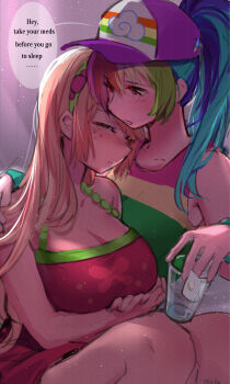 2girls ^_^ absurdres alternate_skin_color applejack applejack_(equestria_girls) arms_under_breasts backlighting bare_arms bare_shoulders baseball_cap blonde_hair blue_hair breasts cleavage closed_eyes closed_mouth crossed_arms cup dress english_text feet_out_of_frame film_grain freckles green_hair green_hairband green_tank_top grey_background hair_between_eyes hair_down hair_over_shoulder hairband hashtag-only_commentary hat head_on_another&#039;s_shoulder high_ponytail highres holding holding_cup kewoshixiaodaia knees_up large_breasts light_particles long_hair looking_at_another multicolored_hair multiple_girls my_little_pony my_little_pony:_equestria_girls my_little_pony:_friendship_is_magic official_alternate_costume official_alternate_hairstyle orange_hair parted_lips pink_eyes pink_hair ponytail purple_hair purple_hat rainbow_dash rainbow_dash_(equestria_girls) rainbow_hair red_dress short_dress simple_background sitting sleeveless sleeveless_dress small_breasts speech_bubble streaked_hair striped_tank_top swept_bangs tank_top wristband yuri