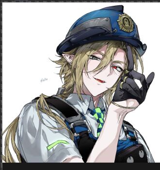 Rule 34 | 1boy, alternate costume, arm up, art program in frame, black gloves, blonde hair, blue necktie, checkered necktie, ear piercing, earrings, english text, fangs, gloves, gold ring, green necktie, grey eyes, hackmemme, hair between eyes, half gloves, hat, heterochromia, highres, hugo vlad, index finger raised, jewelry, long hair, looking at viewer, male focus, mole, mole under eye, multiple rings, necktie, open mouth, piercing, pointy ears, police, police hat, police uniform, red eyes, ring, shirt, simple background, solo, two-tone necktie, white background, white shirt, zenless zone zero