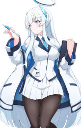 Rule 34 | 1girl, asya, black pantyhose, blue archive, blue necktie, breasts, formal, grey hair, halo, headgear, highres, holding, holding stylus, holding tablet pc, id card, jacket, jacket partially removed, large breasts, long hair, long sleeves, mechanical halo, miniskirt, necktie, noa (blue archive), pantyhose, pleated skirt, purple eyes, shirt, sidelocks, simple background, skirt, smile, solo, stylus, suit, tablet pc, two-sided fabric, two-sided jacket, very long hair, white background, white halo, white jacket, white shirt, white skirt, white suit