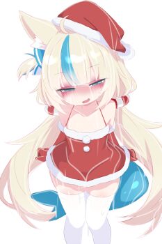 1girl alternate_costume animal_ears blonde_hair blue_streaks blush breasts cat_ears cum cum_on_body cum_on_breasts cum_on_tail cum_on_upper_body dress facial fins fish_girl fish_tail fur-trimmed_dress fur-trimmed_headwear fur_trim gloves highres indie_virtual_youtuber kukuchi581 loli long_hair looking_at_viewer low_twintails multicolored_hair open_mouth pom_pom_(clothes) red_dress red_gloves sameko_saba santa_costume santa_dress small_breasts solo streaked_hair tail thighhighs twintails very_long_hair virtual_youtuber white_thighhighs